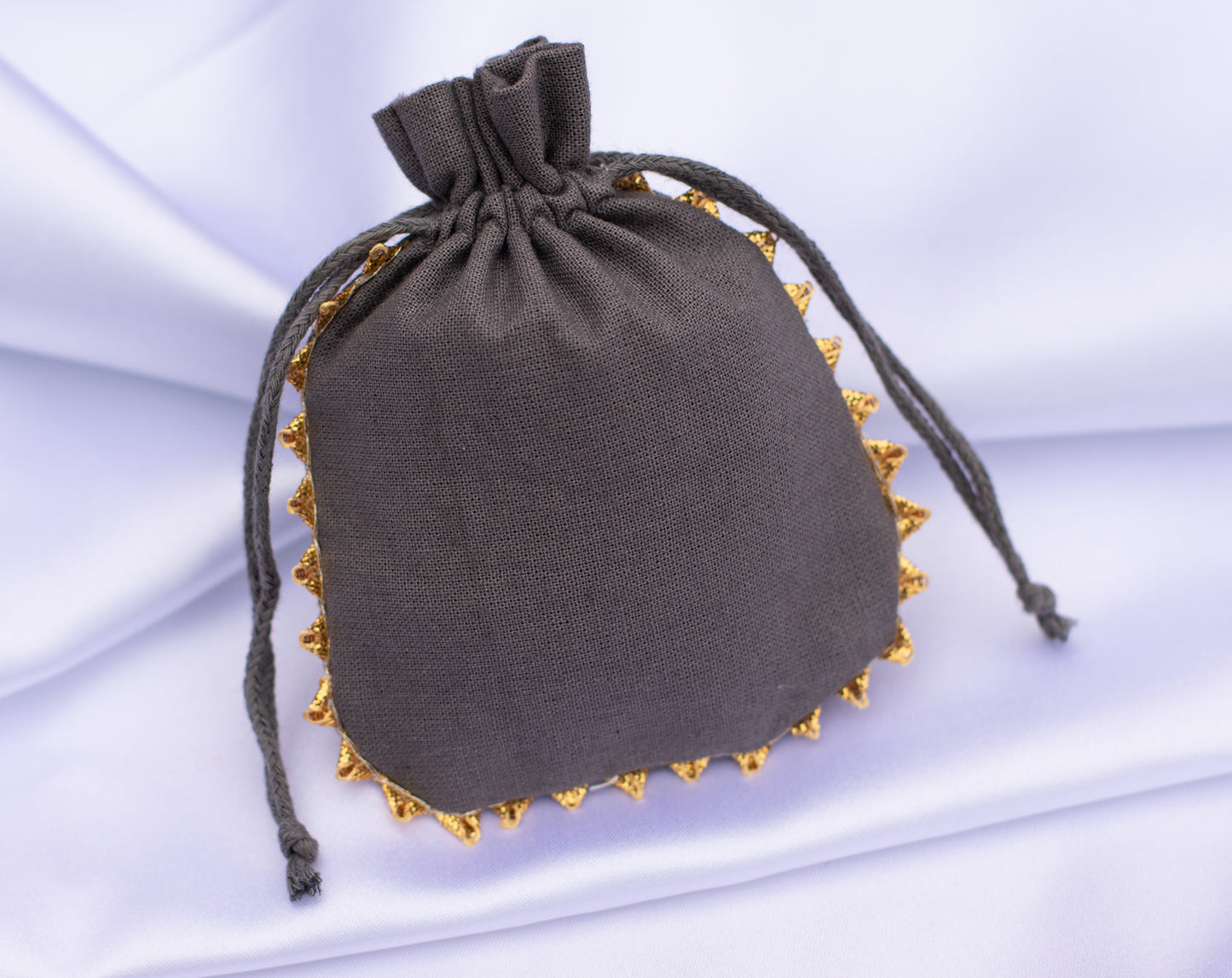 Pack of 100 - Charcoal Gray With Golden Lace Designer Pouch With Logo