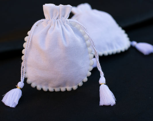 Pack of 100 - Round PomPom White Designer Cotton Drawstring Pouch With Logo
