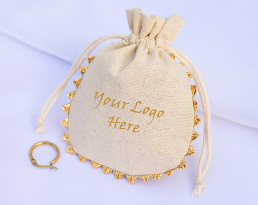 Pack of 100 - Round Golden Lace Ivory Drawstring Designer Pouch With Logo