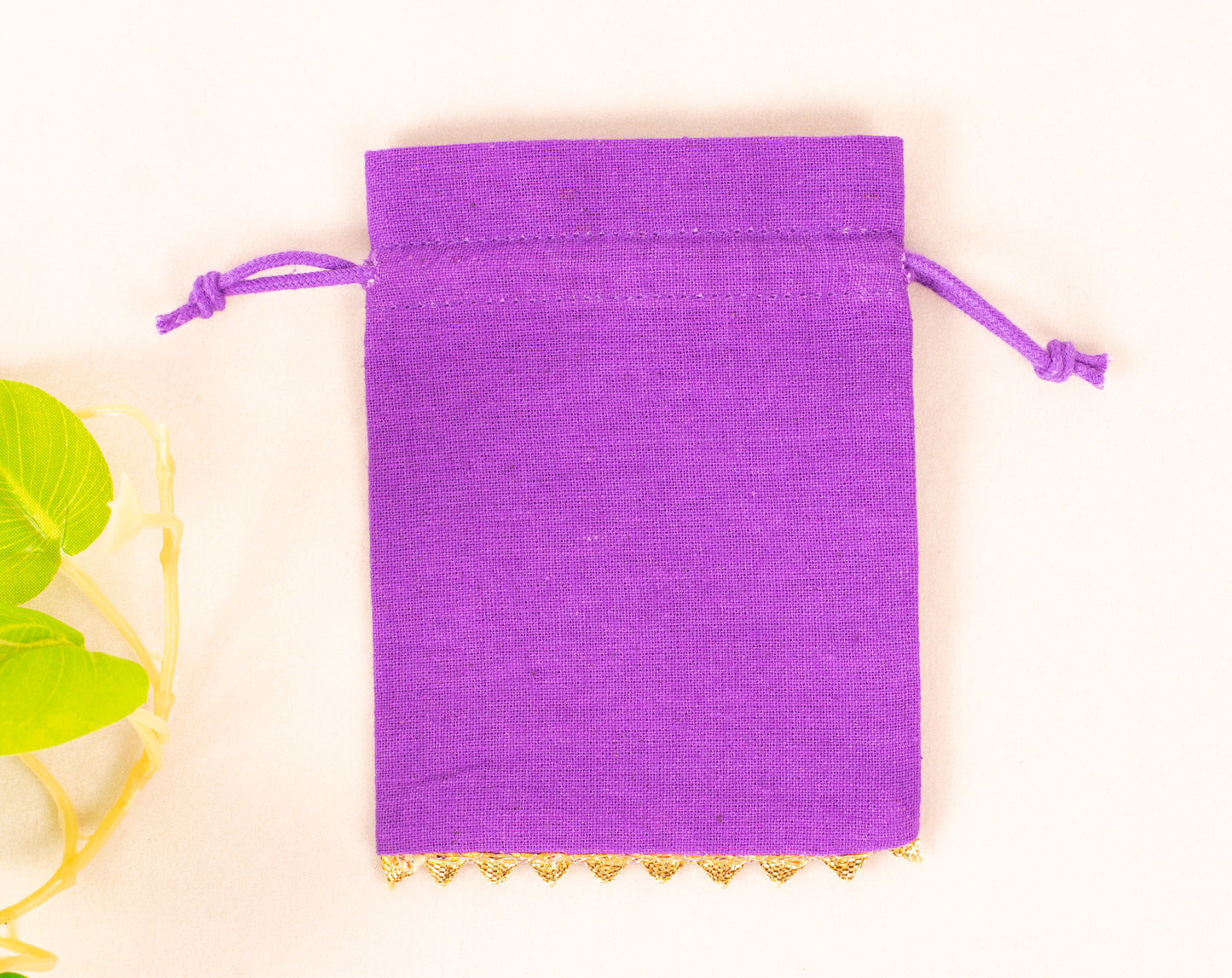 100pcs Golden Lace Purple Designer Cotton Drawstring Pouch With Logo