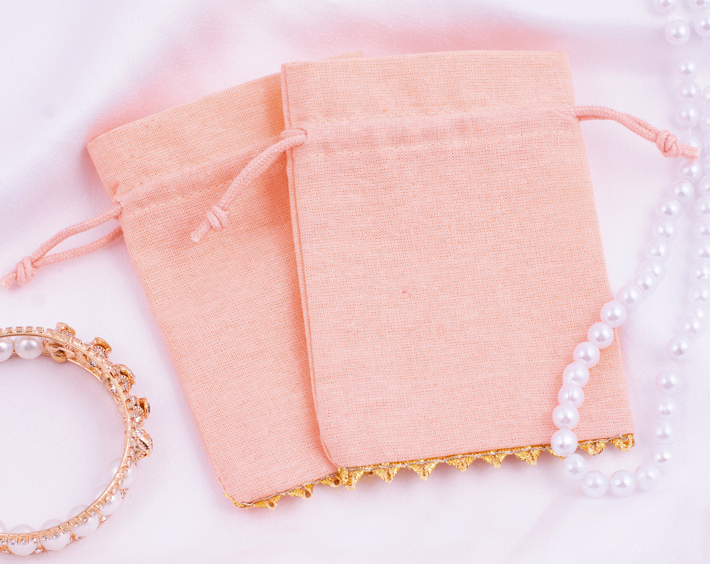 100pcs Peach Premium Designer Cotton Drawstring Pouch With Logo
