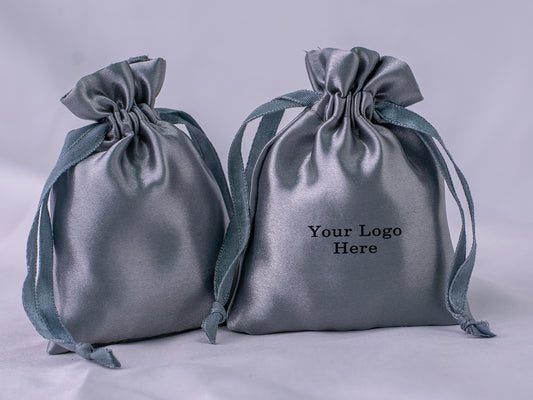 Pack of 100 - Dark Gray Satin Drawstring Pouch With Logo in Wholesale & Bulk