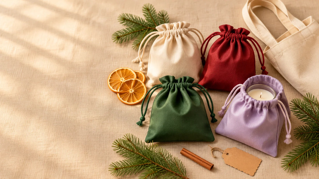 Cotton and satin drawstring holiday gift pouches and a canvas tote on a linen surface with pine sprigs, reusable eco-friendly gift wrap