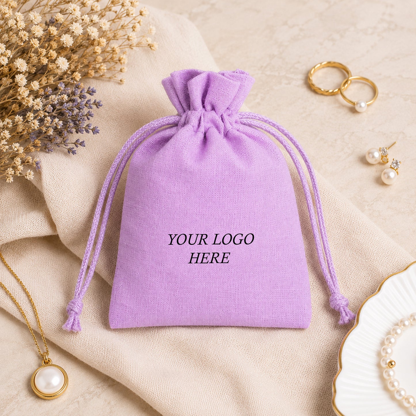 100pcs Wholesale Cotton Jewelry Pouches | Branded Drawstring Bags for Jewelry Businesses