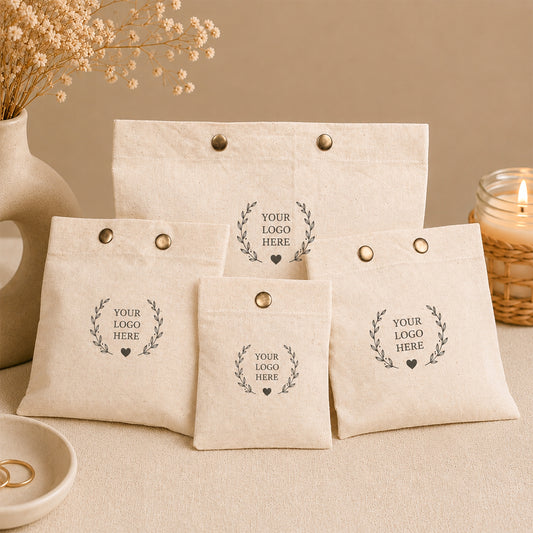 Custom Logo Cotton Snap Pouch Set of 100, Eco Friendly Jewelry Packaging Bags in Bulk
