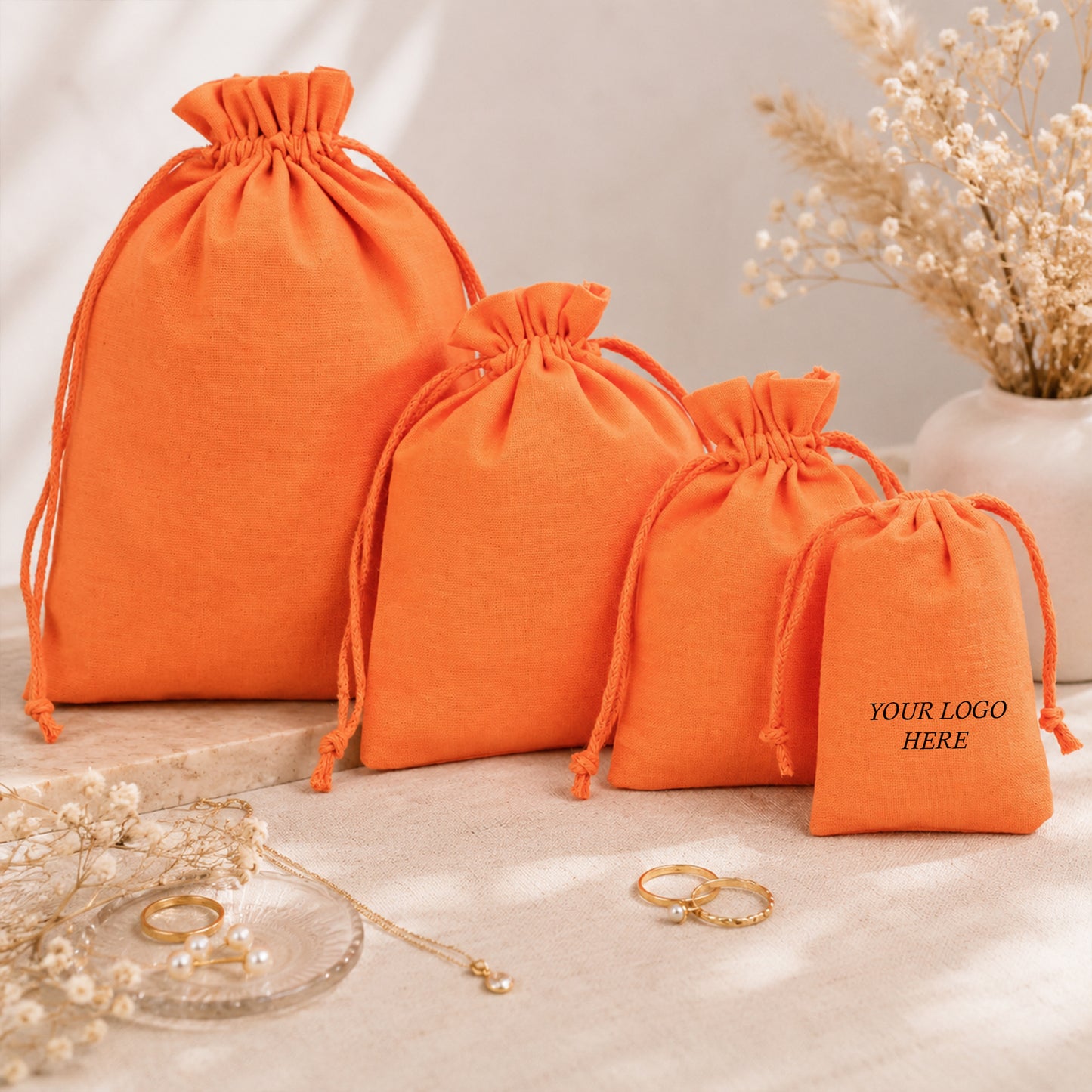 100pcs Luxury Cotton Jewelry Packaging Pouches | Custom Logo Drawstring Bags