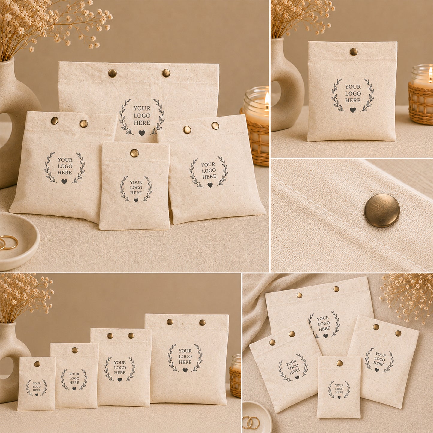 Custom Logo Cotton Snap Pouch Set of 100, Eco Friendly Jewelry Packaging Bags in Bulk