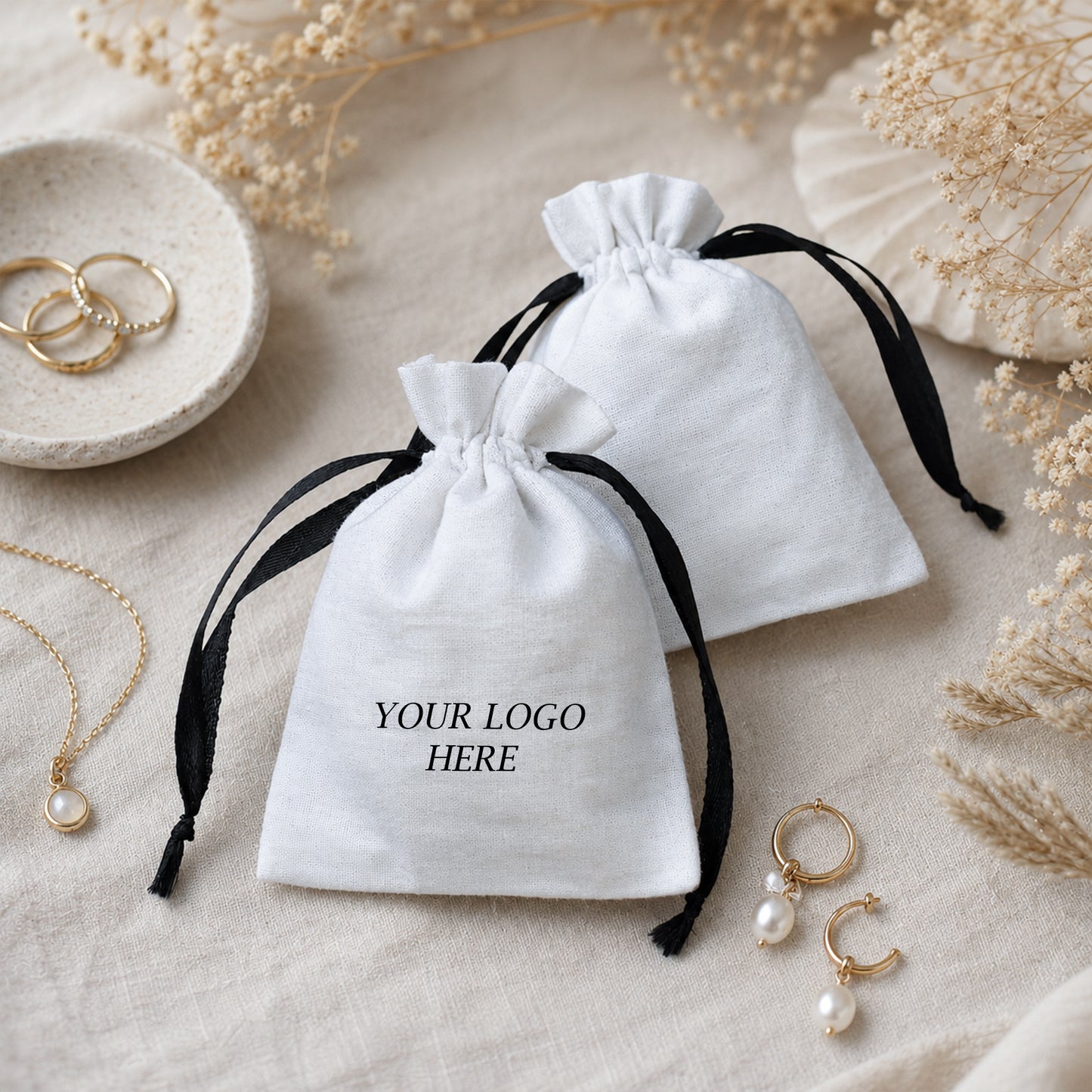 100pcs - White Cotton Drawstring Jewelry Bags | Custom Branded Packaging for Jewelry Brands