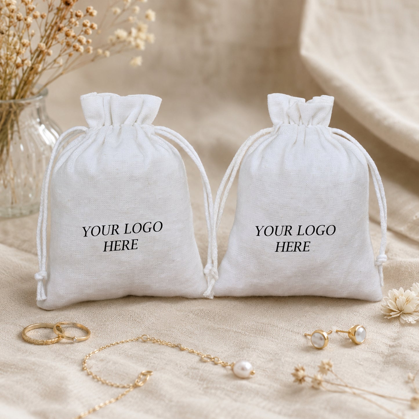100pcs - Personalized Cotton Jewelry Pouches | Logo Packaging Bags for Jewelry Companies