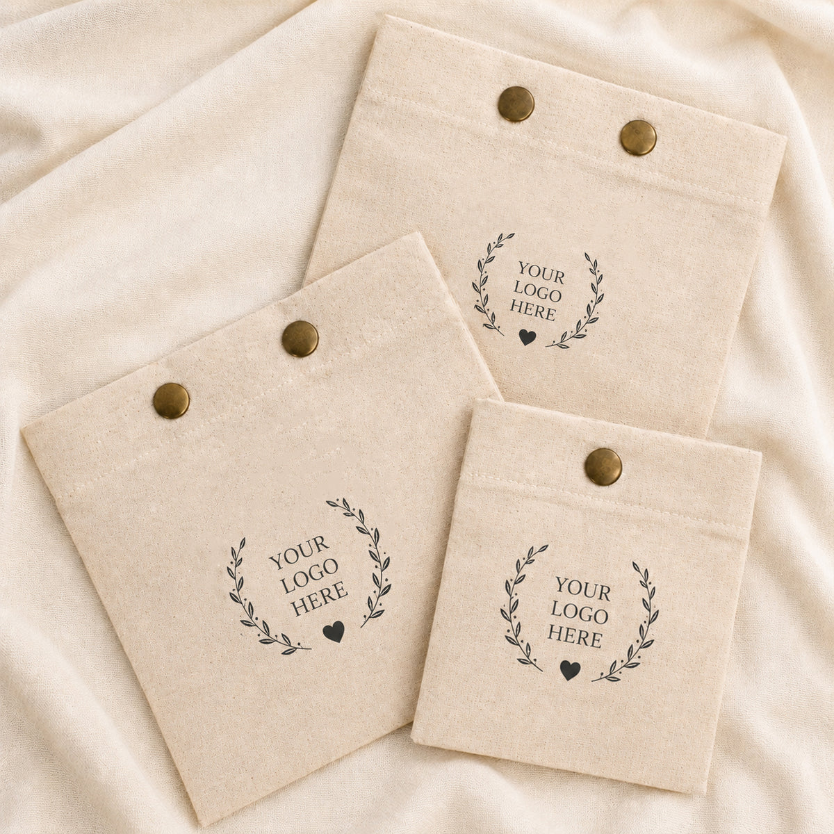 Custom Logo Cotton Snap Pouch Set of 100, Eco Friendly Jewelry Packaging Bags in Bulk
