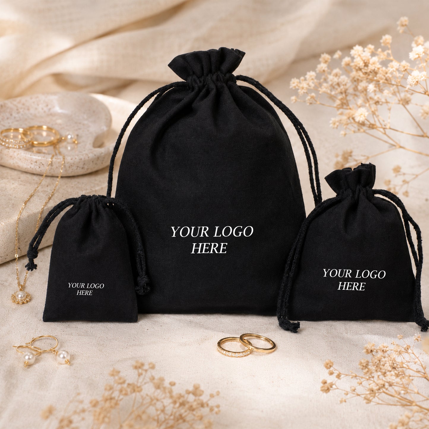 100pcs Premium Cotton Jewelry Pouches | Custom Drawstring Packaging for Jewelry Brands