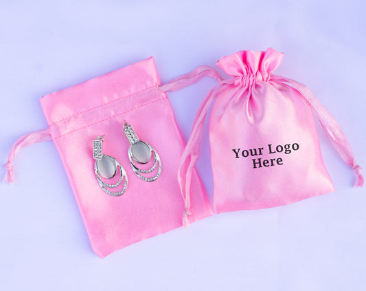 Pack of 100 - Pastel Pink Satin Drawstring Pouch With Logo For Jewelry Packaging