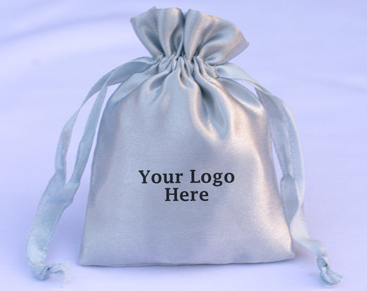 Pack of 100 - Gray Satin Drawstring Pouch With Logo in Wholesale & Bulk