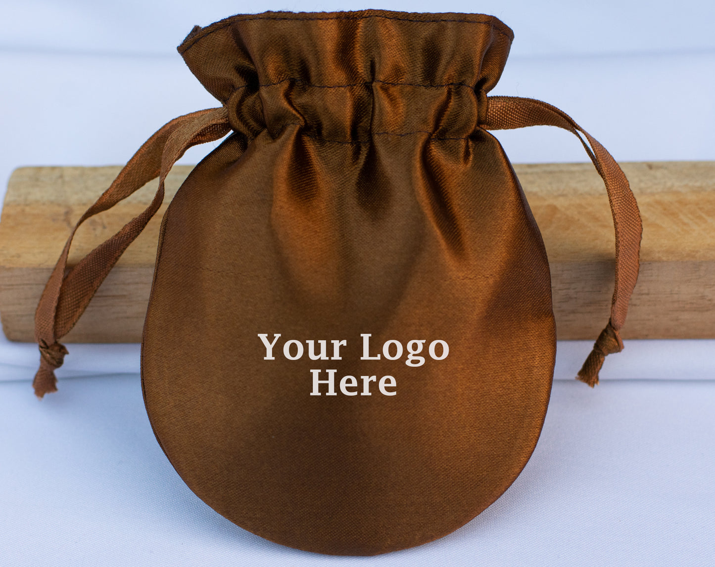 Pack of 100 - Brown Round Satin Drawstring Bags & Pouch With Logo in Wholesale & Bulk