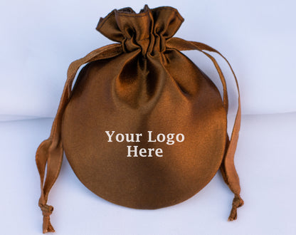 Pack of 100 - Brown Round Satin Drawstring Bags & Pouch With Logo in Wholesale & Bulk