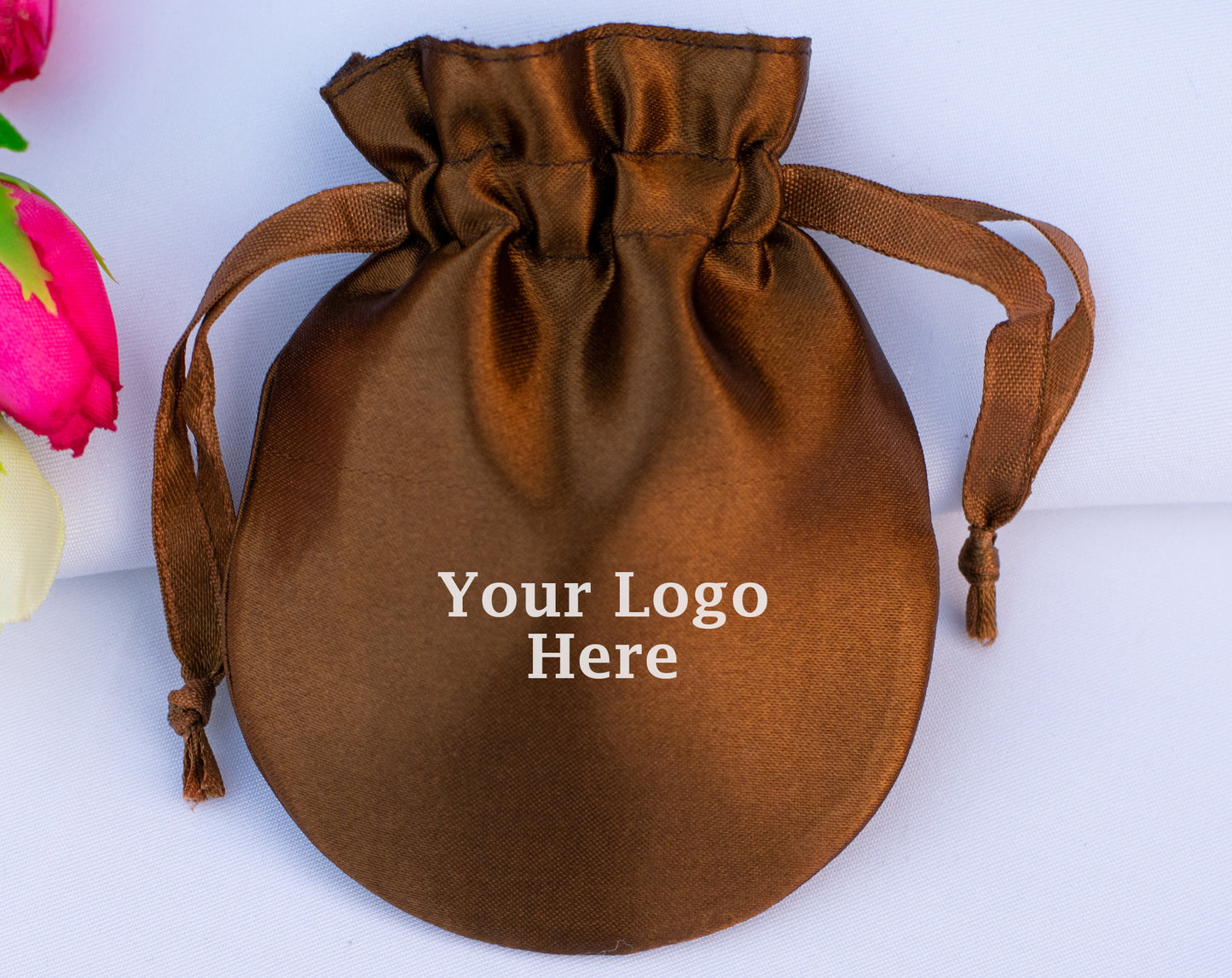 Pack of 100 - Brown Round Satin Drawstring Bags & Pouch With Logo in Wholesale & Bulk