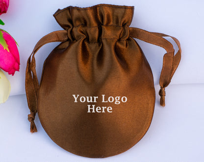 Pack of 100 - Brown Round Satin Drawstring Bags & Pouch With Logo in Wholesale & Bulk