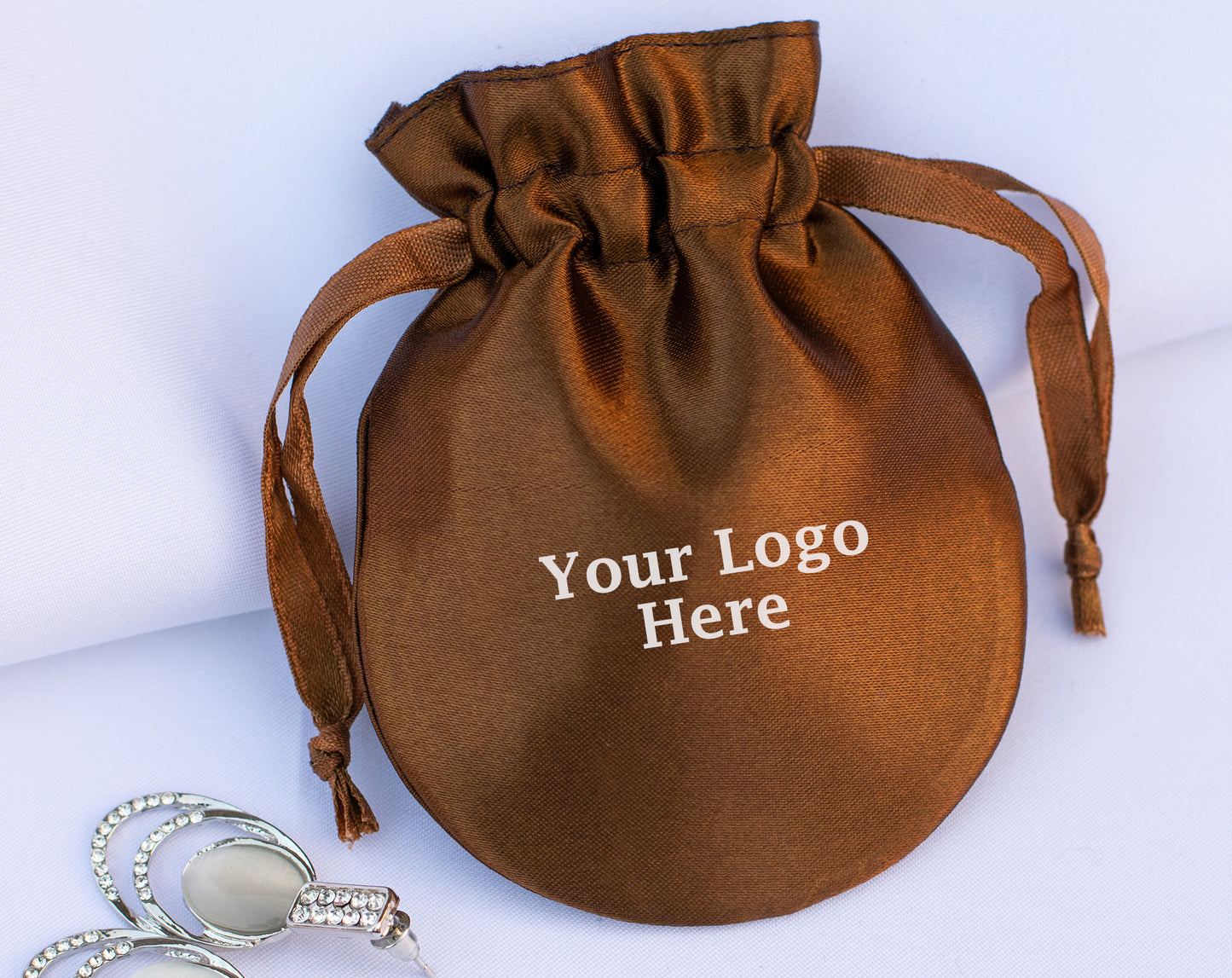 Pack of 100 - Brown Round Satin Drawstring Bags & Pouch With Logo in Wholesale & Bulk