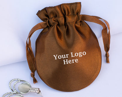 Pack of 100 - Brown Round Satin Drawstring Bags & Pouch With Logo in Wholesale & Bulk