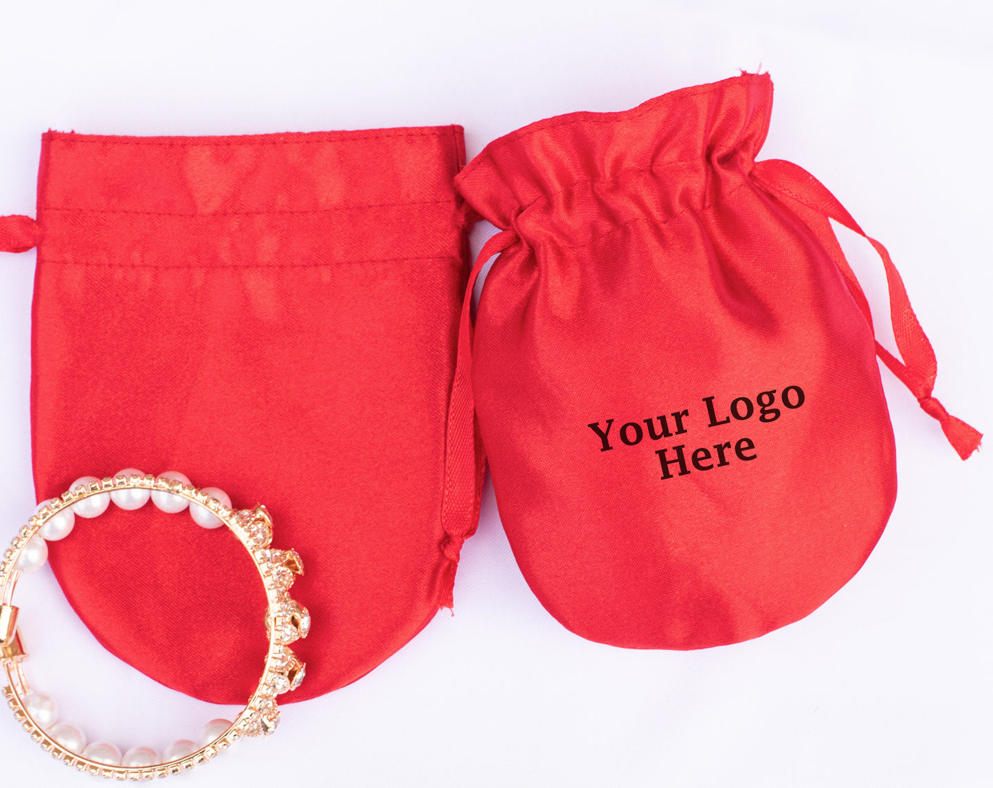 100pcs - Round Satin Drawstring Pouch With Logo, Wedding Favor Bags