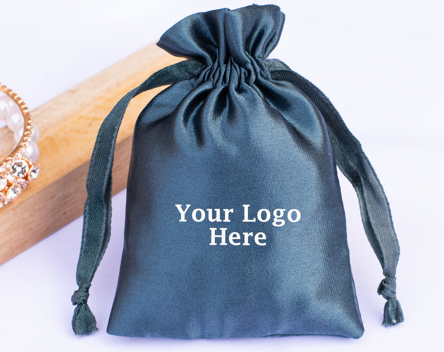 100pcs Bluish Satin Drawstring Pouch With Logo in Wholesale, Premium Jewelry Packaging