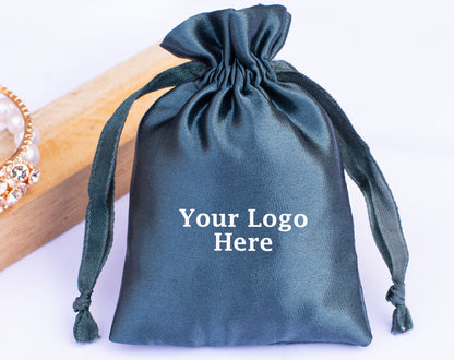 100pcs Bluish Satin Drawstring Pouch With Logo in Wholesale, Premium Jewelry Packaging