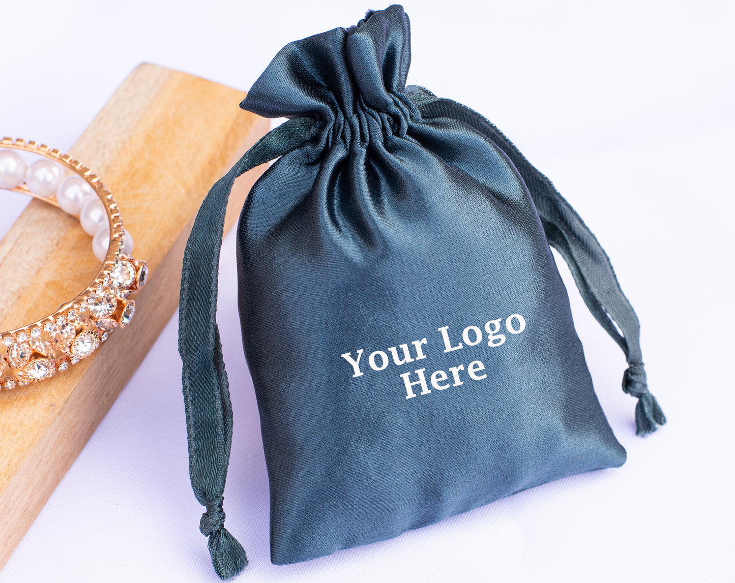 100pcs Bluish Satin Drawstring Pouch With Logo in Wholesale, Premium Jewelry Packaging
