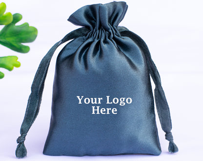 100pcs Bluish Satin Drawstring Pouch With Logo in Wholesale, Premium Jewelry Packaging