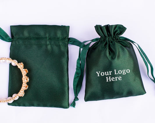 Pack of 100 - Dark Green Satin Drawstring Pouch With Logo in Wholesale & Bulk