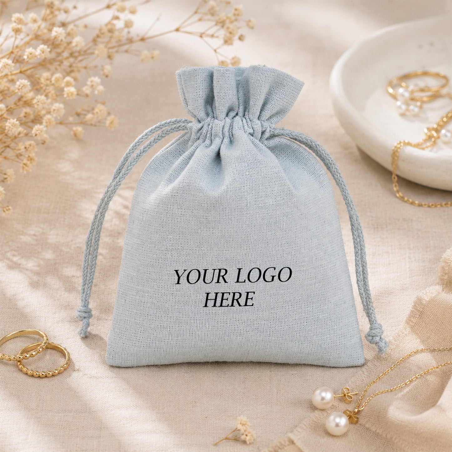 100pcs - Light Gray Branded Jewelry Drawstring Pouches | Custom Cotton Packaging Bags Wholesale