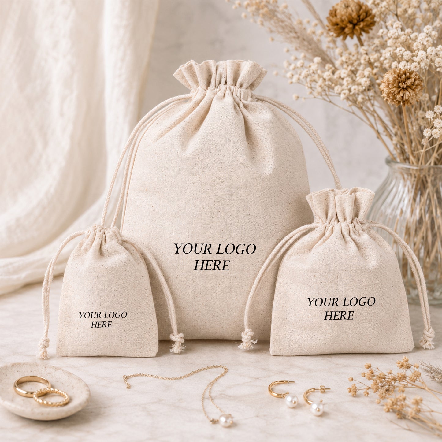 100pcs Natural Cotton Jewelry Packaging Bags | Custom Printed Drawstring Pouches for Brands