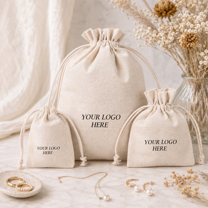 100pcs Natural Cotton Jewelry Packaging Bags | Custom Printed Drawstring Pouches for Brands