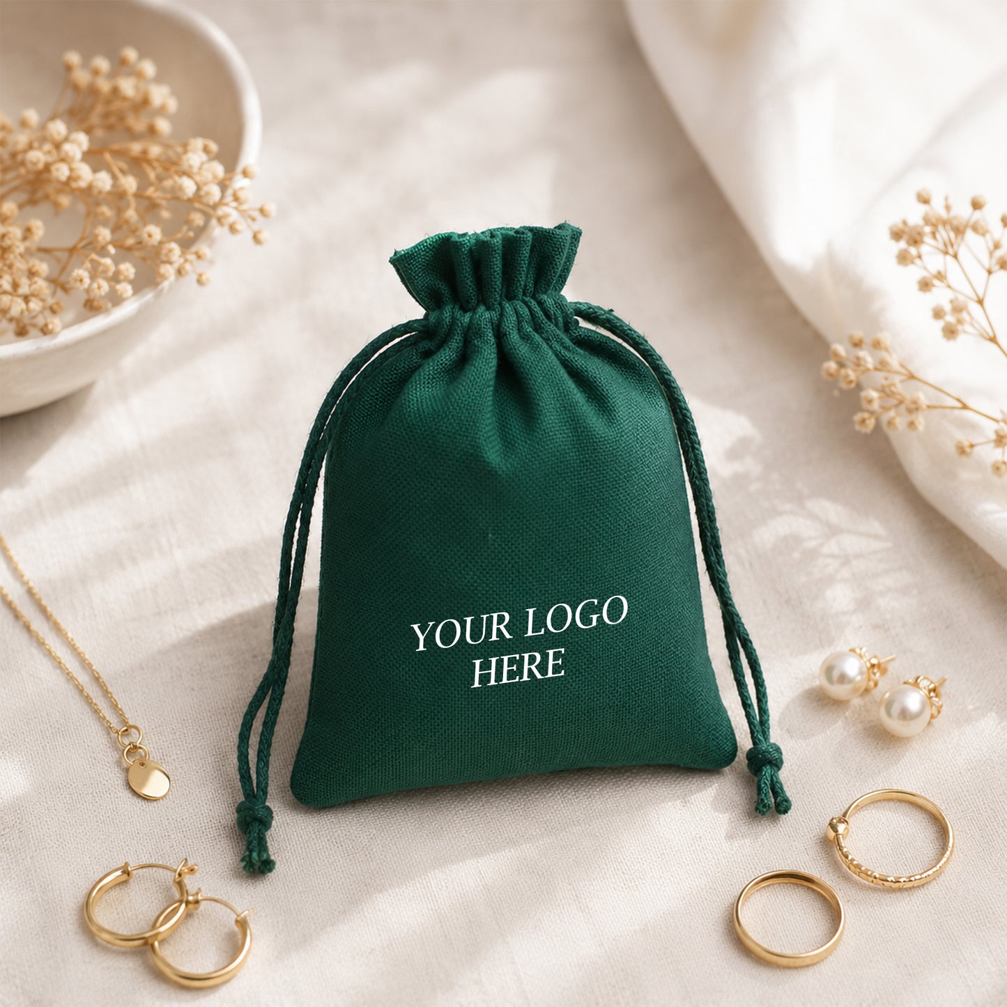 100pcs Custom Logo Cotton Pouches for Jewelry | Branded Drawstring Packaging Bags
