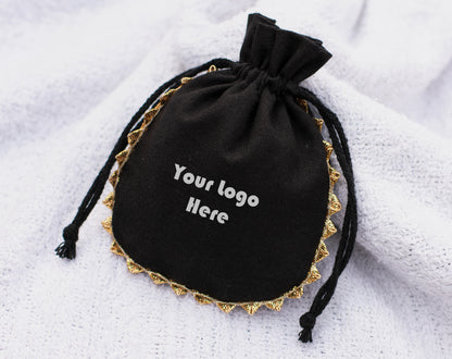 Pack of 100 - Onyx Black Designer Pouch With Logo For Jewelry Packaging in Bulk