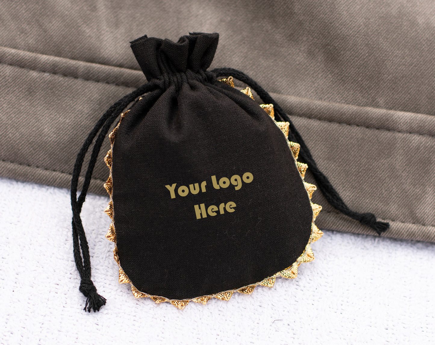 Pack of 100 - Onyx Black Designer Pouch With Logo For Jewelry Packaging in Bulk