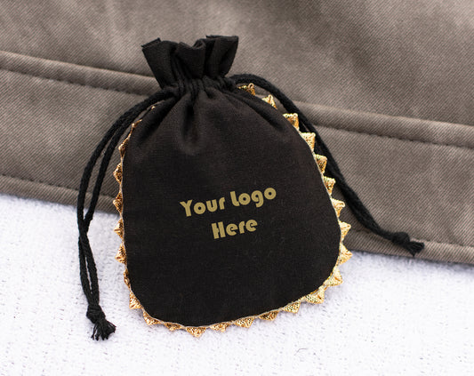 Pack of 100 - Onyx Black Designer Pouch With Logo For Jewelry Packaging in Bulk