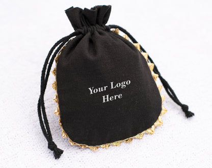 Pack of 100 - Onyx Black Designer Pouch With Logo For Jewelry Packaging in Bulk