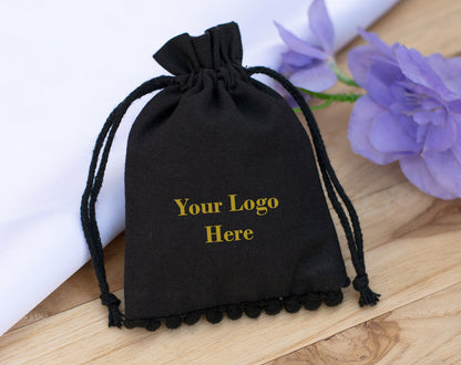 Pack of 100 - Black Designer Pouch With Logo For Jewelry Packaging in Bulk