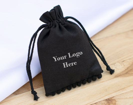 Pack of 100 - Black Designer Pouch With Logo For Jewelry Packaging in Bulk