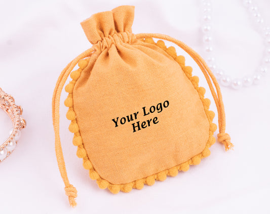 Pack of 100 - Mustard Yellow Designer Pouch With Logo For Jewelry Packaging in Bulk