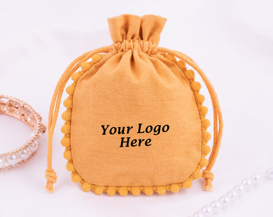 Pack of 100 - Mustard Yellow Designer Pouch With Logo For Jewelry Packaging in Bulk