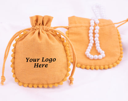 Pack of 100 - Mustard Yellow Designer Pouch With Logo For Jewelry Packaging in Bulk