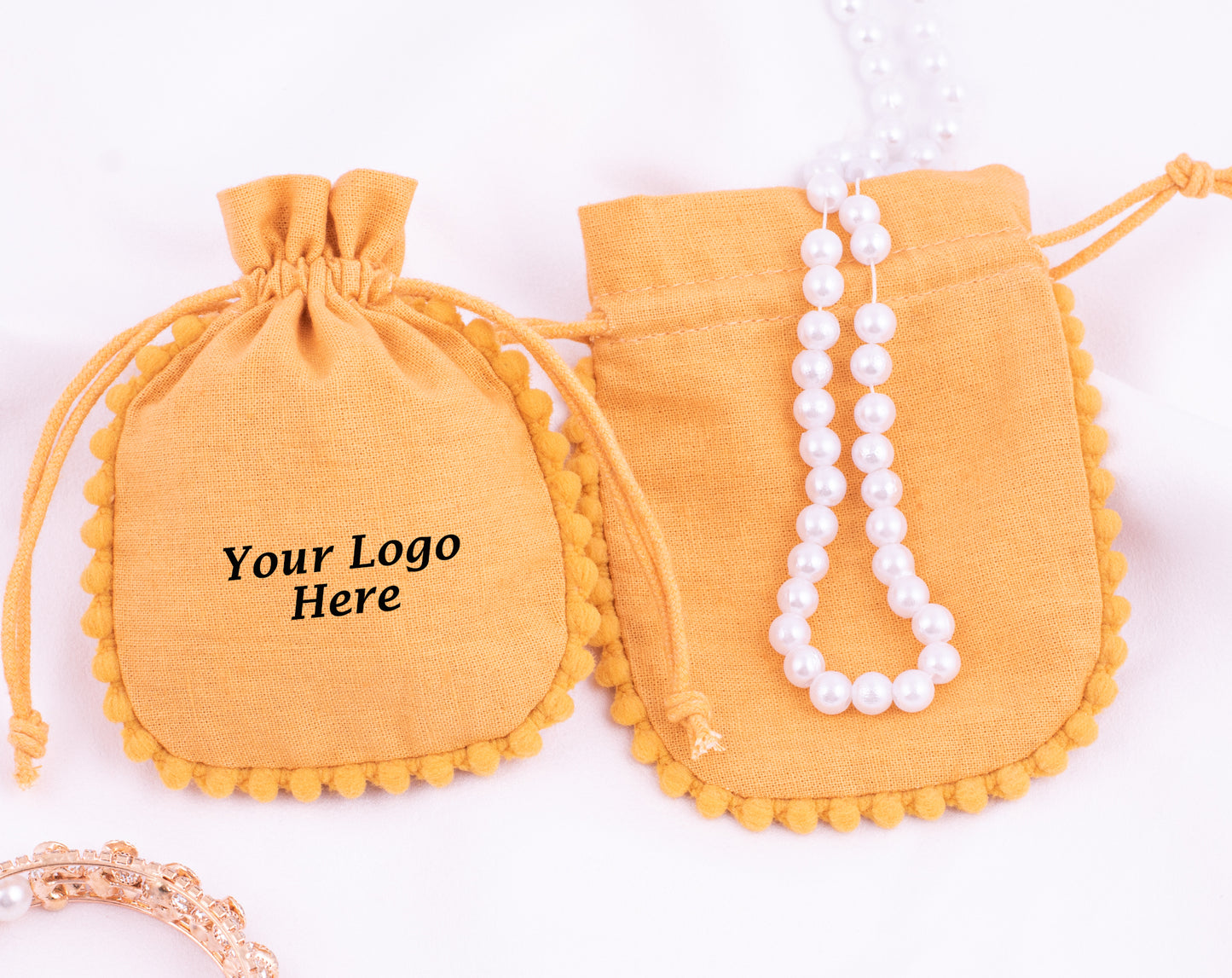 Pack of 100 - Mustard Yellow Designer Pouch With Logo For Jewelry Packaging in Bulk