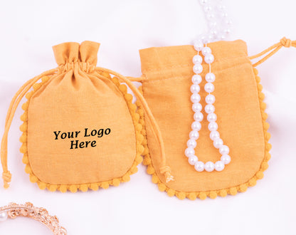 Pack of 100 - Mustard Yellow Designer Pouch With Logo For Jewelry Packaging in Bulk