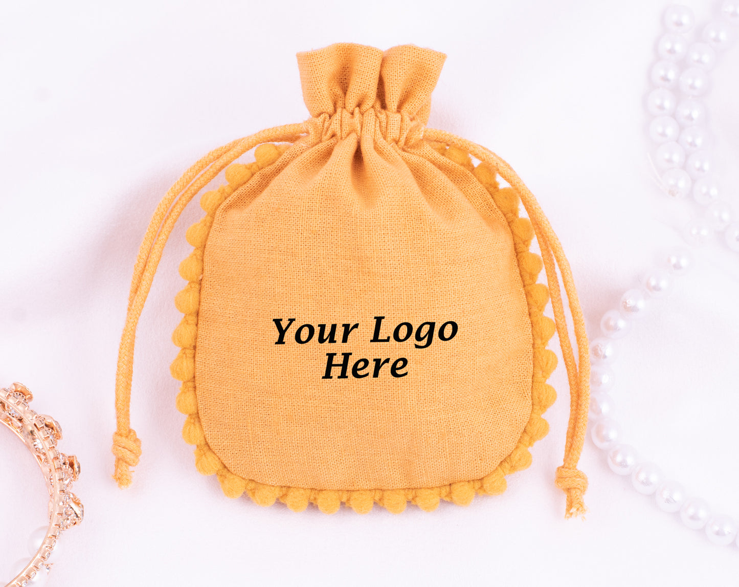 Pack of 100 - Mustard Yellow Designer Pouch With Logo For Jewelry Packaging in Bulk