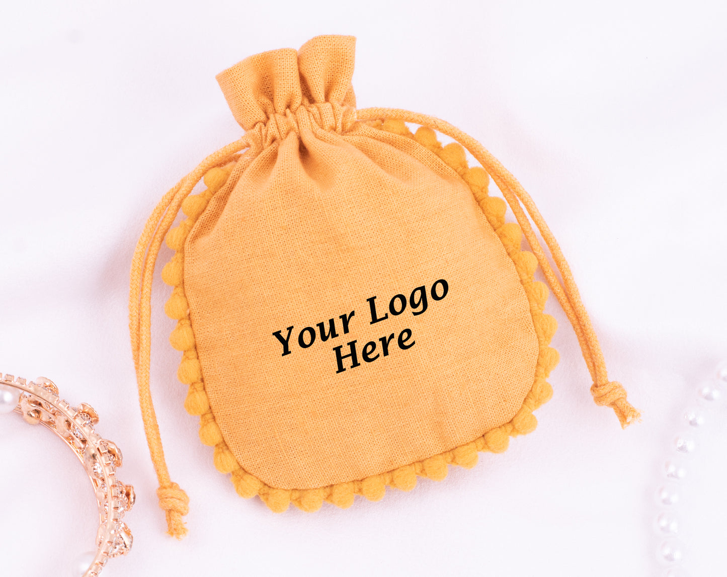 Pack of 100 - Mustard Yellow Designer Pouch With Logo For Jewelry Packaging in Bulk