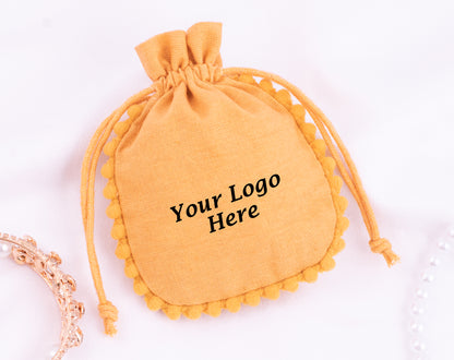 Pack of 100 - Mustard Yellow Designer Pouch With Logo For Jewelry Packaging in Bulk