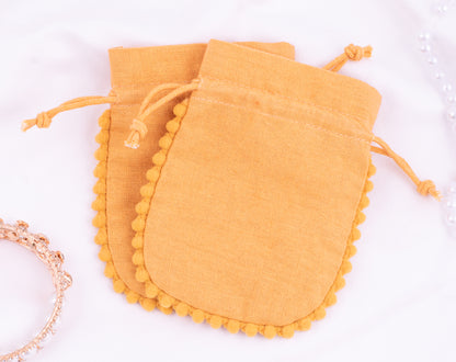 Pack of 100 - Mustard Yellow Designer Pouch With Logo For Jewelry Packaging in Bulk