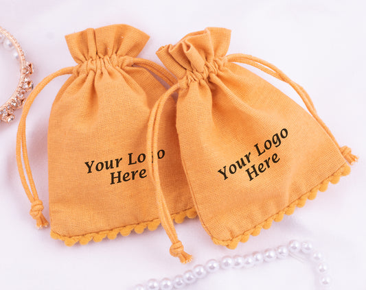 100pcs Yellow Gold Designer Cotton Pouches With Logo For Organic Jewelry Packaging