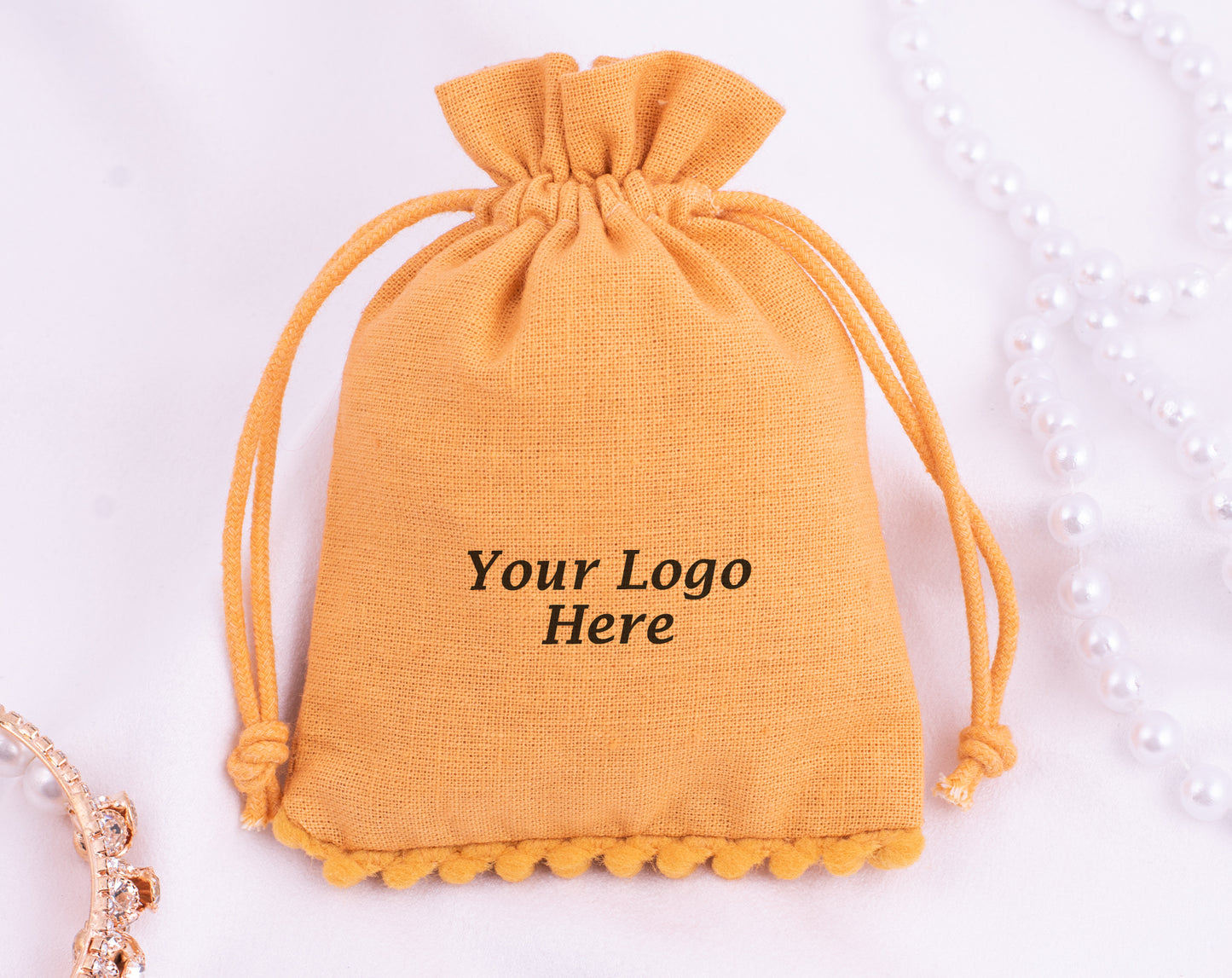 100pcs Yellow Gold Designer Cotton Pouches With Logo For Organic Jewelry Packaging